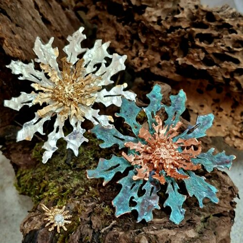 Eguzkilore - Broche&Colgante triple baño de cobre - fusión de oro y plata